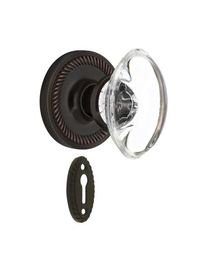 Rope Rosette Mortise-Lock Set with Oval Crystal Glass Knobs in Timeless Bronze.